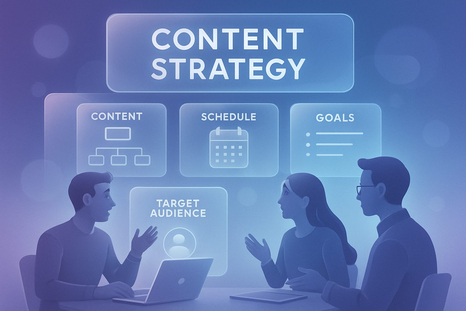 Content strategy session with futuristic glassmorphism UI