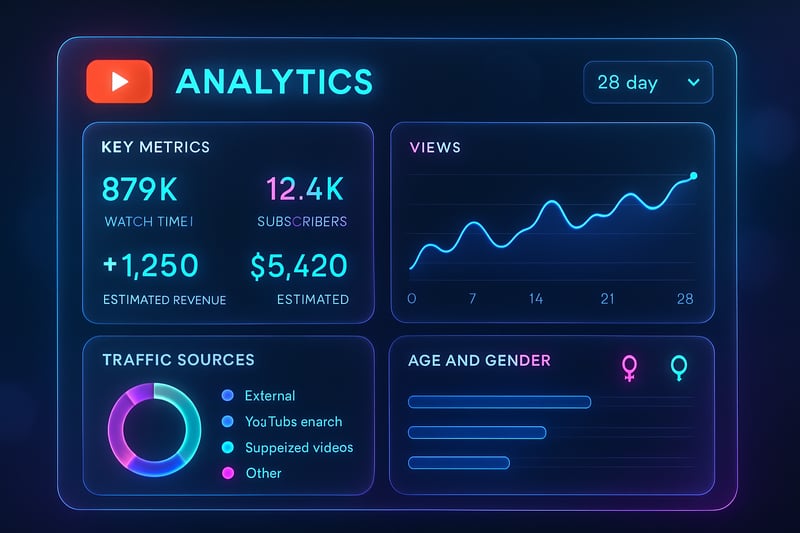 Futuristic YouTube analytics dashboard with neon accents and glassmorphism design Futuristic YouTube analytics dashboard with neon accents and glassmorphism design